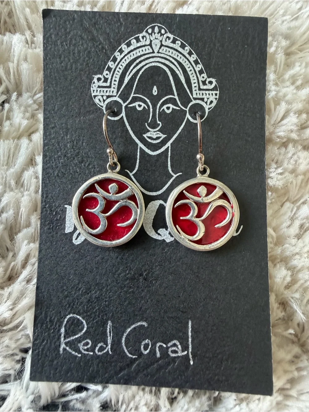 Red Coral Om Symbol Drop Earrings
